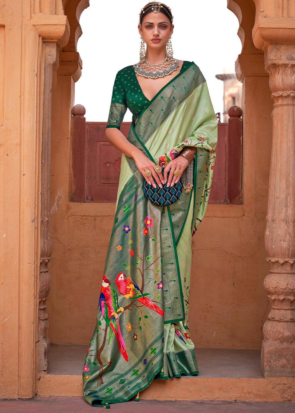 Shades Of Green Paithani Silk Saree | Stitched Blouse - qivii