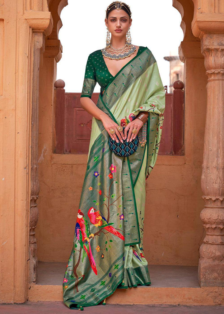 Shades Of Green Paithani Silk Saree | Stitched Blouse - qivii