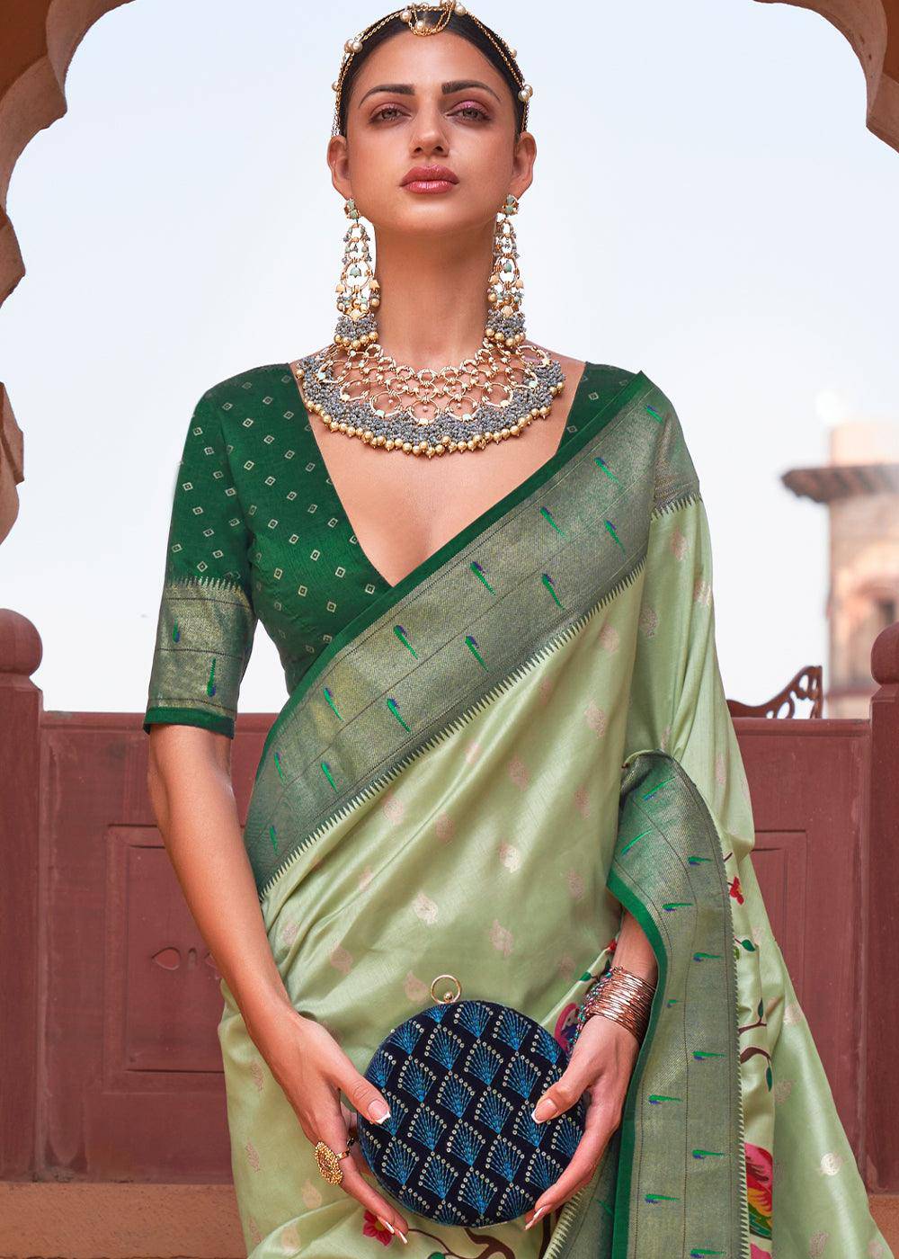 Shades Of Green Paithani Silk Saree | Stitched Blouse - qivii