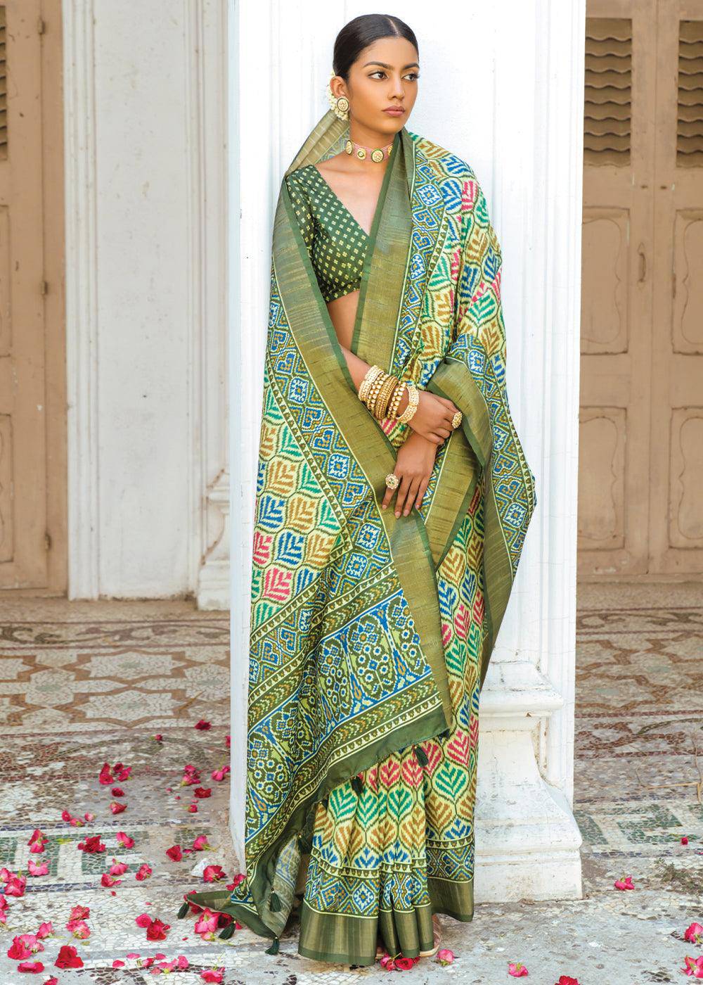 Shades Of Green Patola Printed Dola Silk Saree | Stitched Blouse - qivii