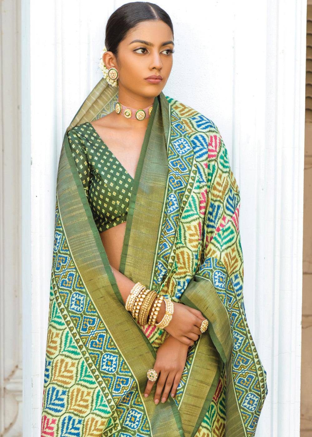 Shades Of Green Patola Printed Dola Silk Saree | Stitched Blouse - qivii