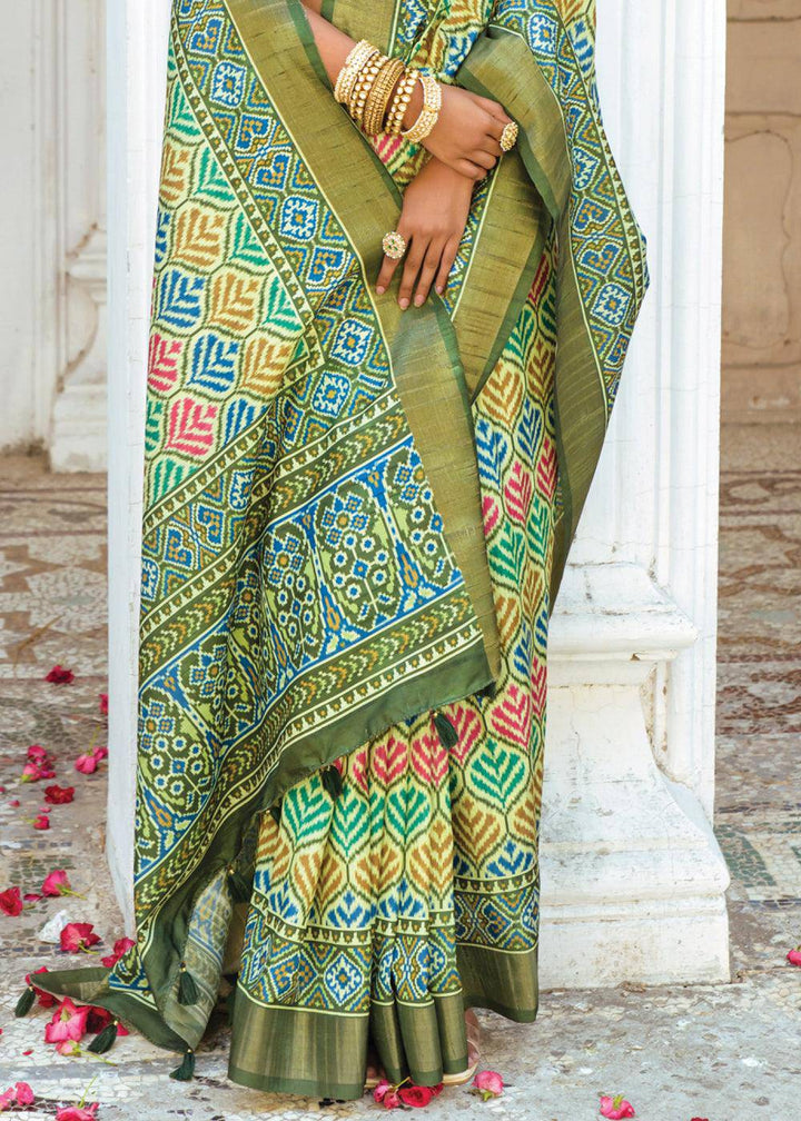 Shades Of Green Patola Printed Dola Silk Saree | Stitched Blouse - qivii