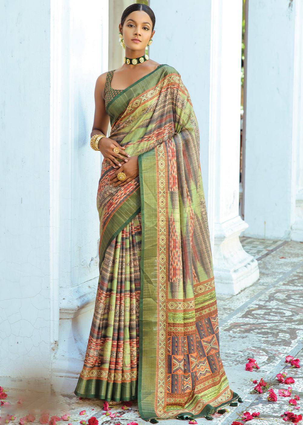 Shades Of Green Printed Dola Silk Saree | Stitched Blouse - qivii