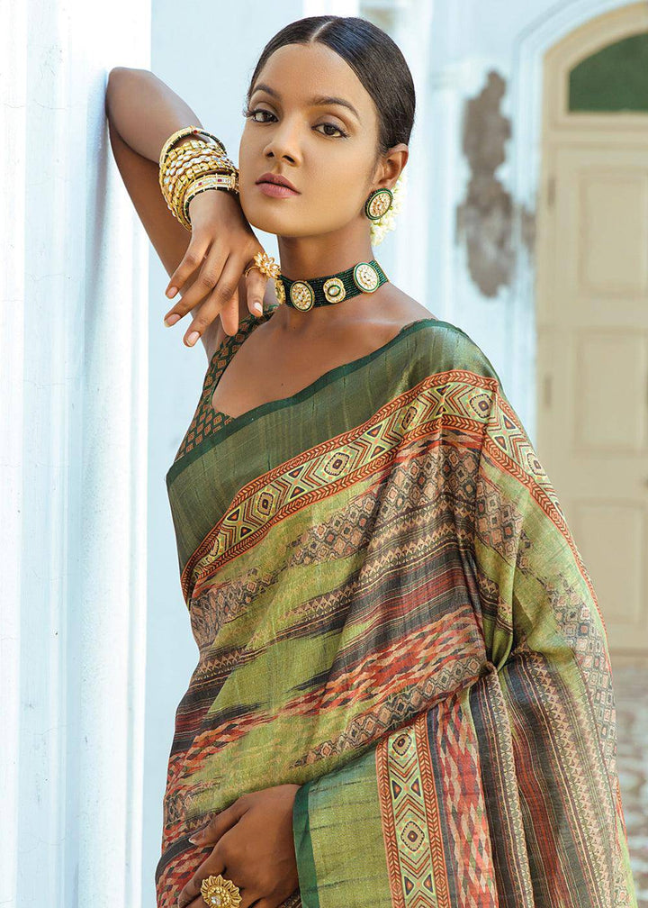 Shades Of Green Printed Dola Silk Saree | Stitched Blouse - qivii