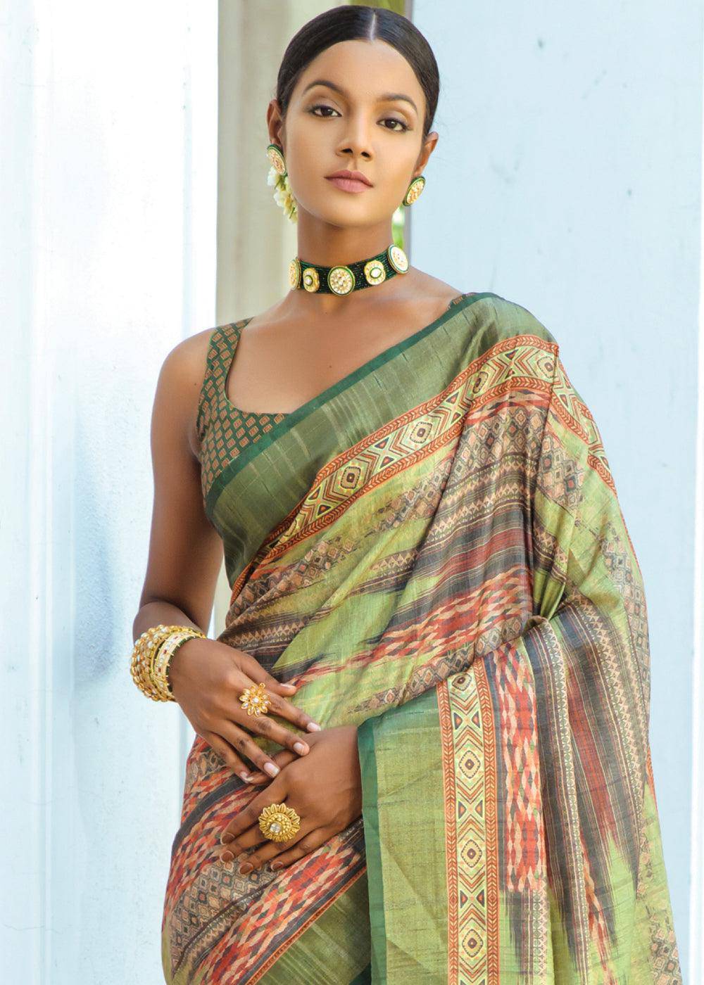 Shades Of Green Printed Dola Silk Saree | Stitched Blouse - qivii