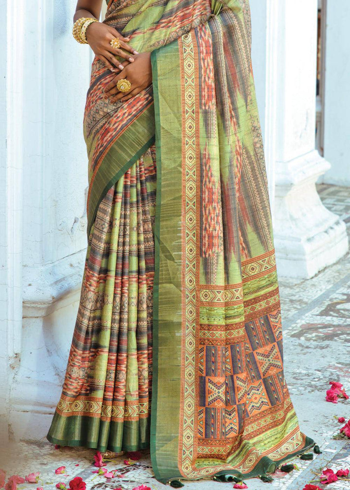 Shades Of Green Printed Dola Silk Saree | Stitched Blouse - qivii