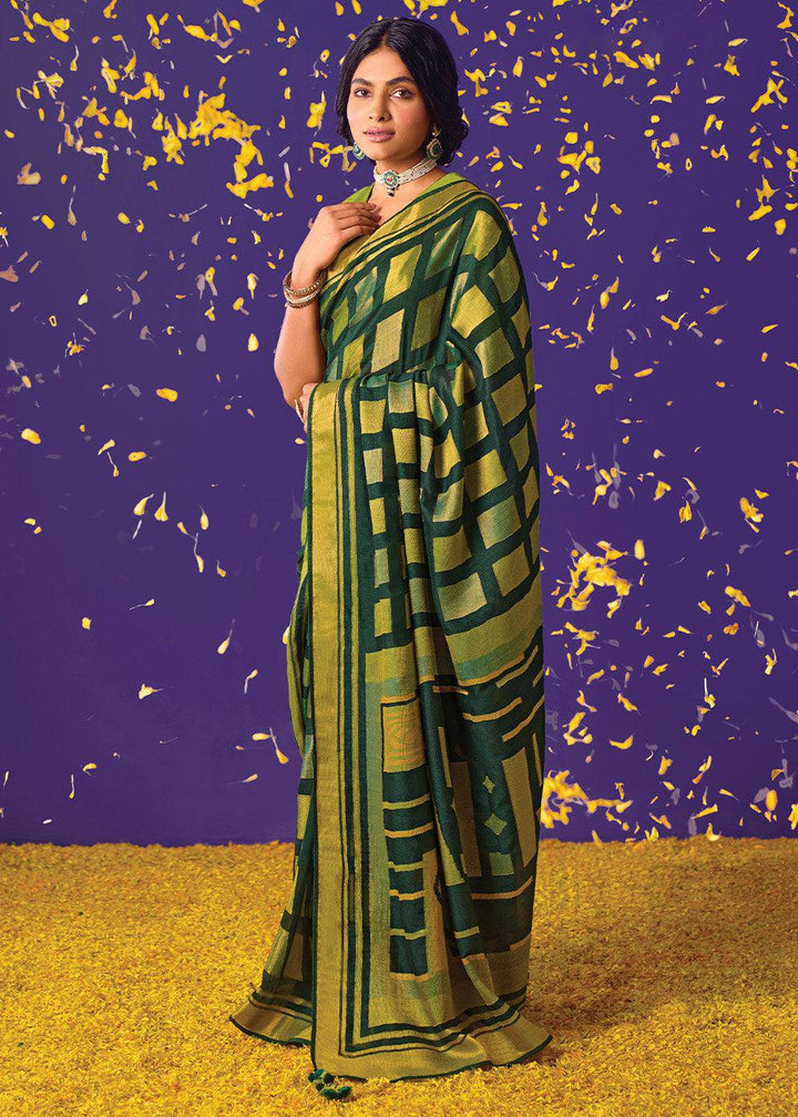 Shades Of Green Printed Paithani Silk Saree with Embroidered Blouse | Stitched Blouse - qivii