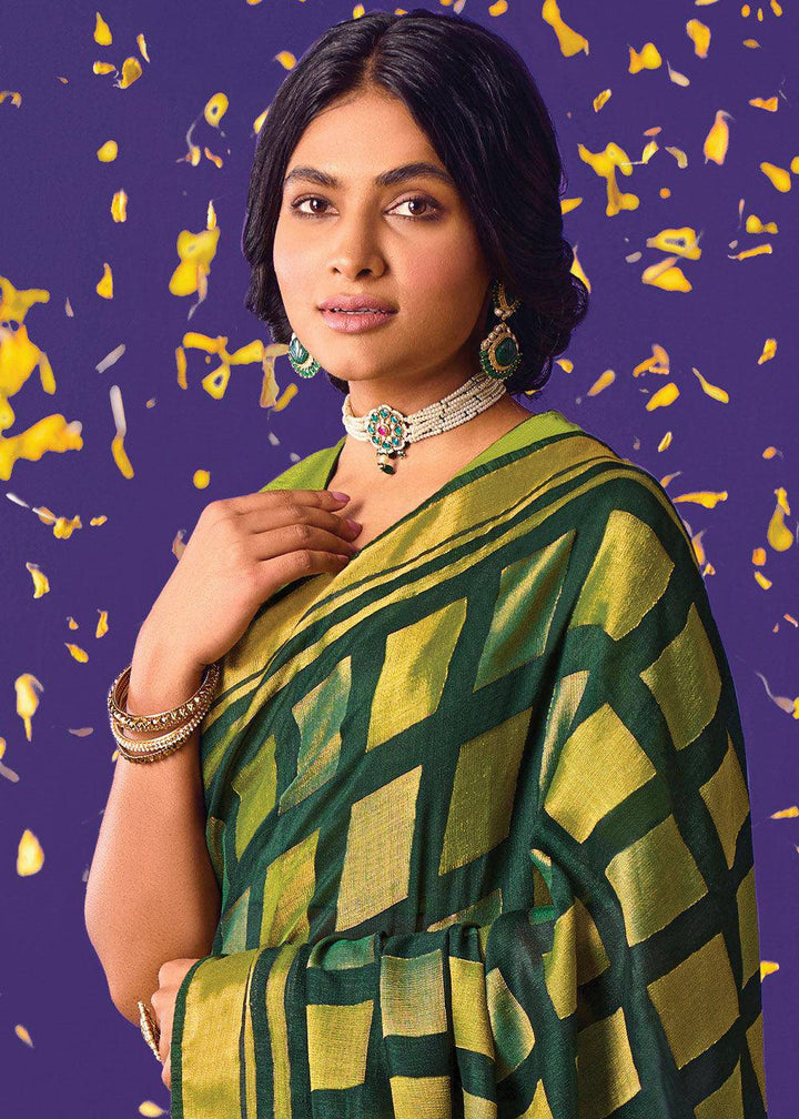 Shades Of Green Printed Paithani Silk Saree with Embroidered Blouse | Stitched Blouse - qivii