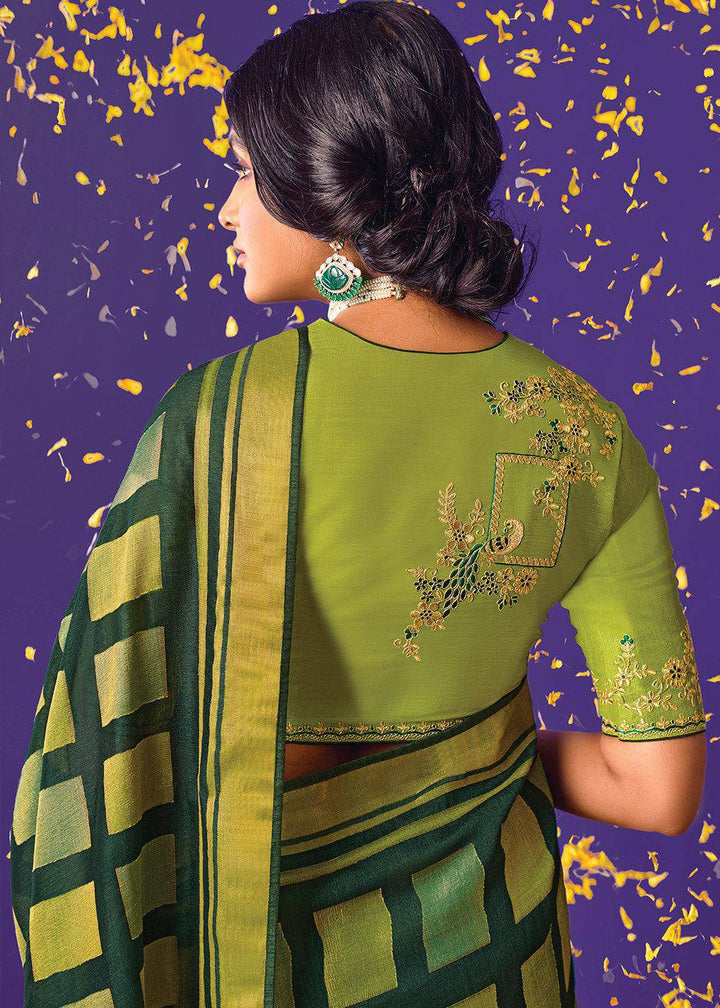 Shades Of Green Printed Paithani Silk Saree with Embroidered Blouse | Stitched Blouse - qivii