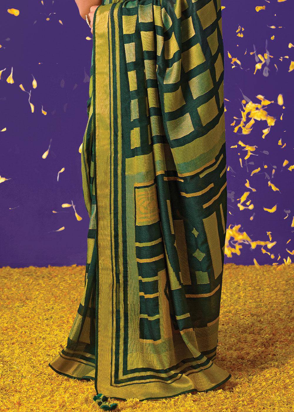 Shades Of Green Printed Paithani Silk Saree with Embroidered Blouse | Stitched Blouse - qivii