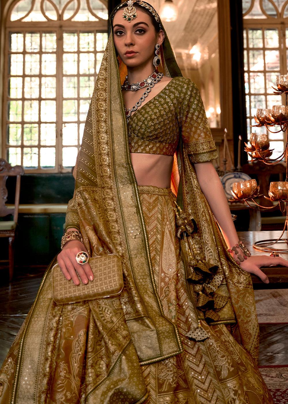 Shades Of Green Ready to Wear Designer Silk Lehenga Choli with Sparkle & Mirror work - qivii