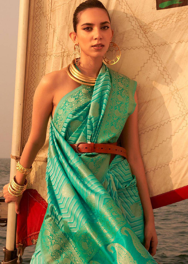 Shades Of Green Two Tone Designer Satin Silk Saree | Stitched Blouse - qivii