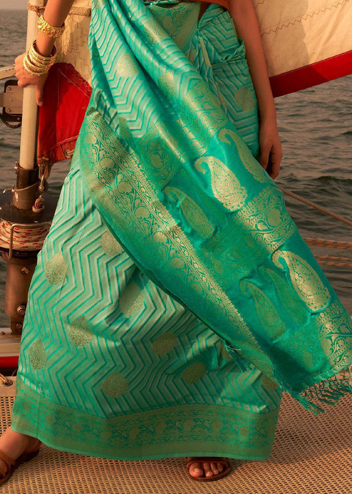 Shades Of Green Two Tone Designer Satin Silk Saree | Stitched Blouse - qivii