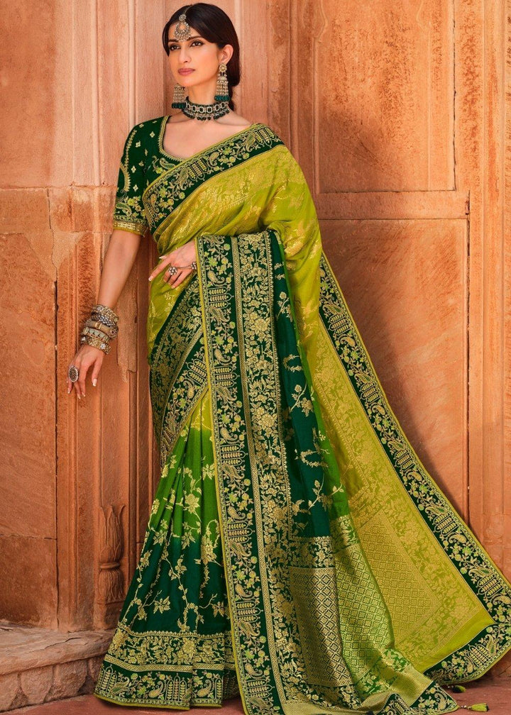 Shades Of Green Woven Dola Silk Saree Having Khatli work on Border & Blouse | Stitched Blouse - qivii