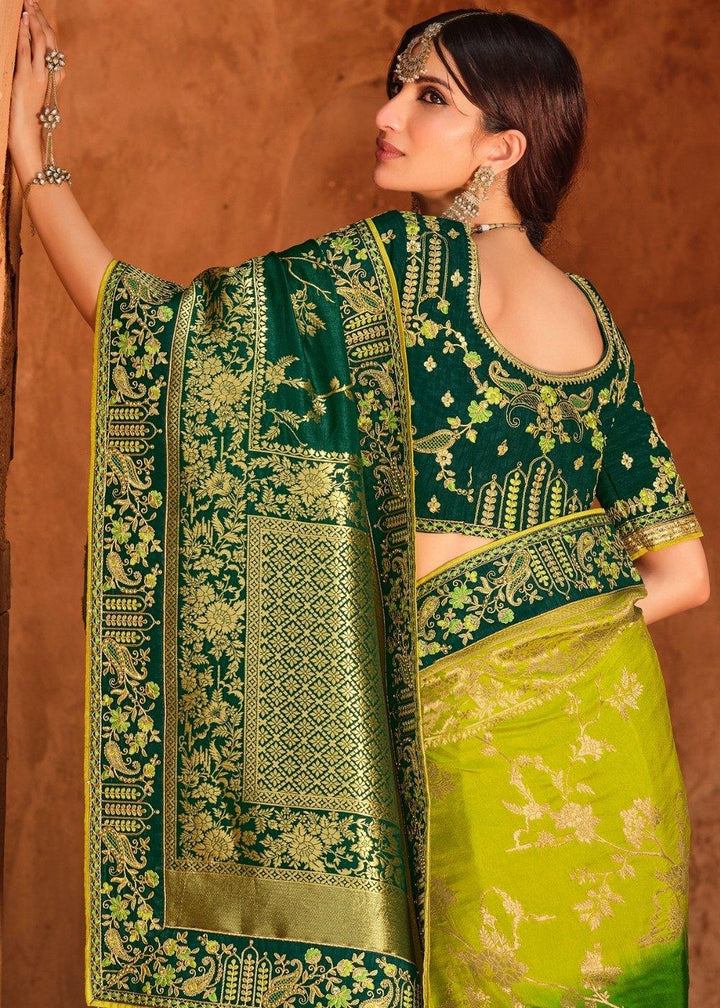 Shades Of Green Woven Dola Silk Saree Having Khatli work on Border & Blouse | Stitched Blouse - qivii