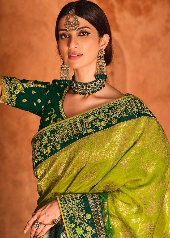 Shades Of Green Woven Dola Silk Saree Having Khatli work on Border & Blouse | Stitched Blouse - qivii