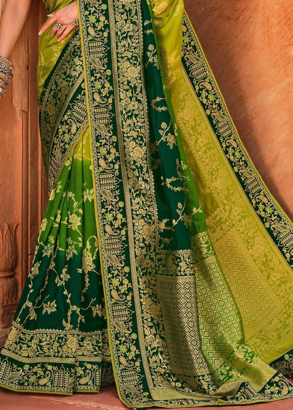 Shades Of Green Woven Dola Silk Saree Having Khatli work on Border & Blouse | Stitched Blouse - qivii