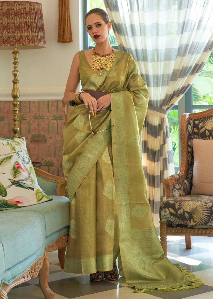 Shades Of Green Woven Satin Tissue Silk Saree | Stitched Blouse - qivii