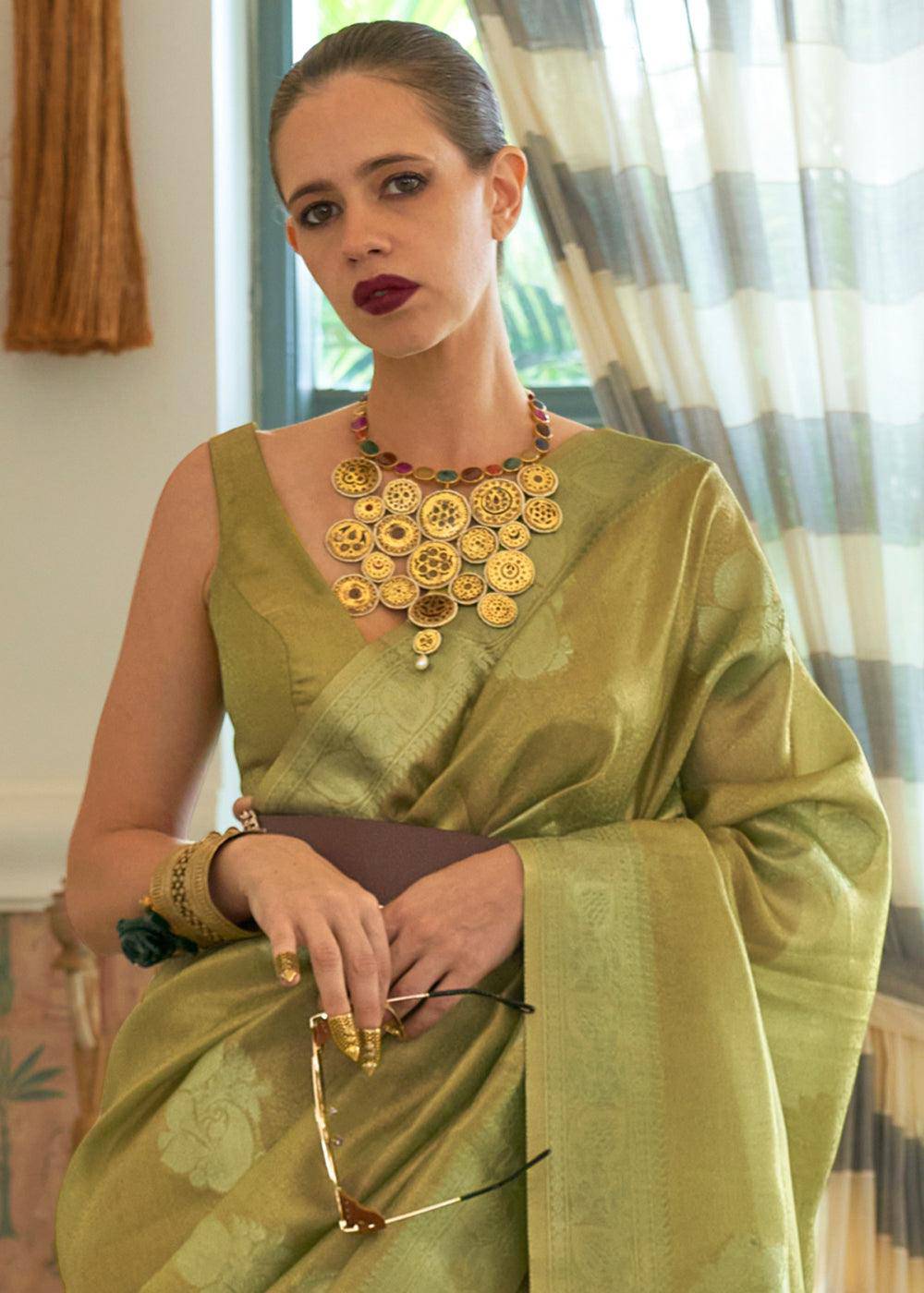 Shades Of Green Woven Satin Tissue Silk Saree | Stitched Blouse - qivii