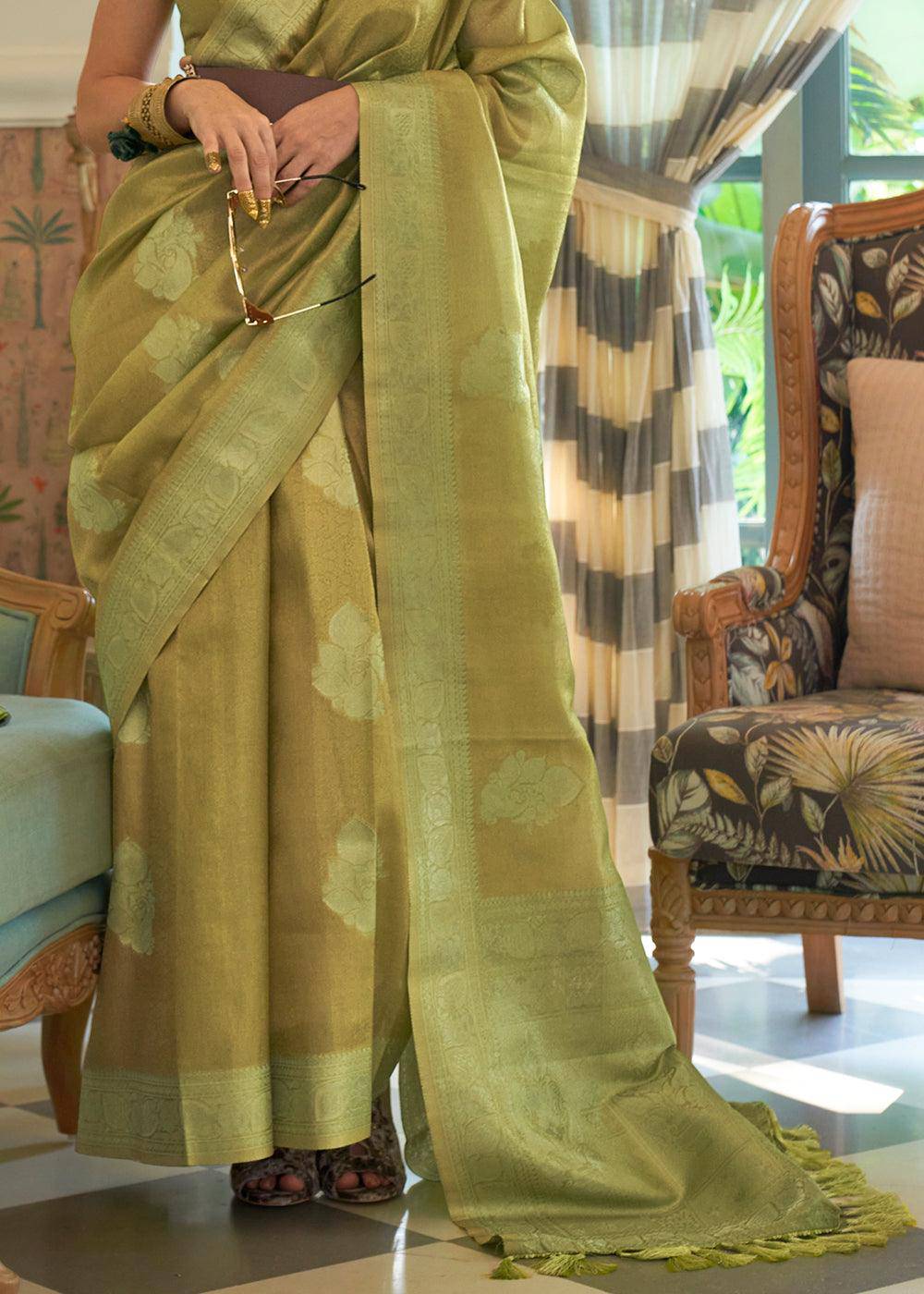 Shades Of Green Woven Satin Tissue Silk Saree | Stitched Blouse - qivii