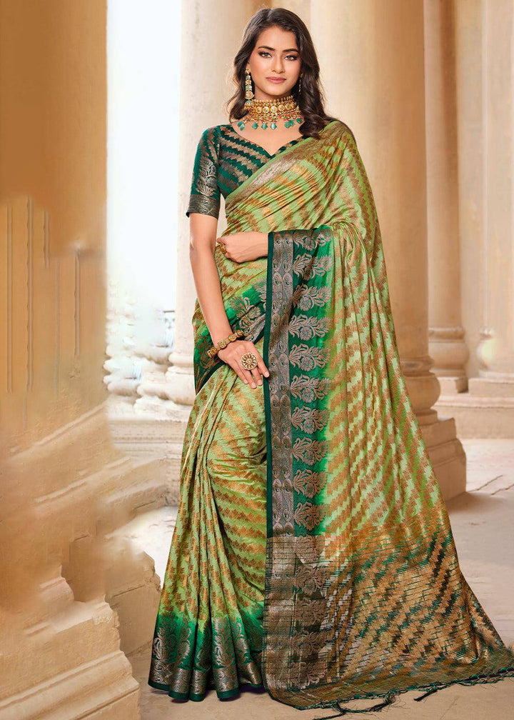 Shades Of Green Zari Butta Woven Raw Banarasi Silk Saree | Stitched Blouse - qivii