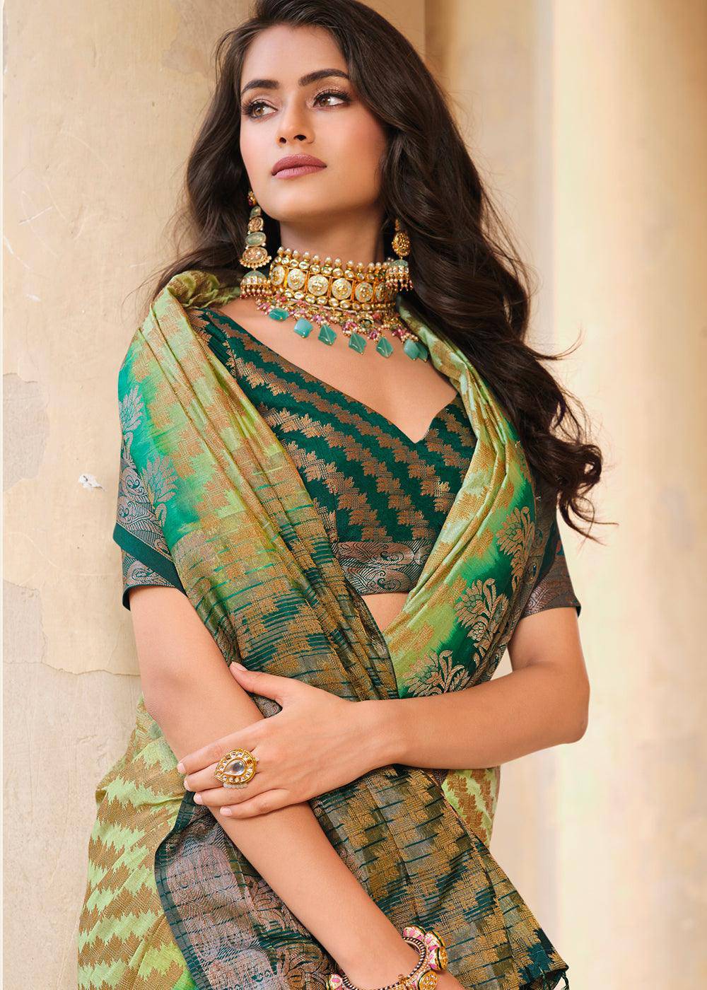 Shades Of Green Zari Butta Woven Raw Banarasi Silk Saree | Stitched Blouse - qivii