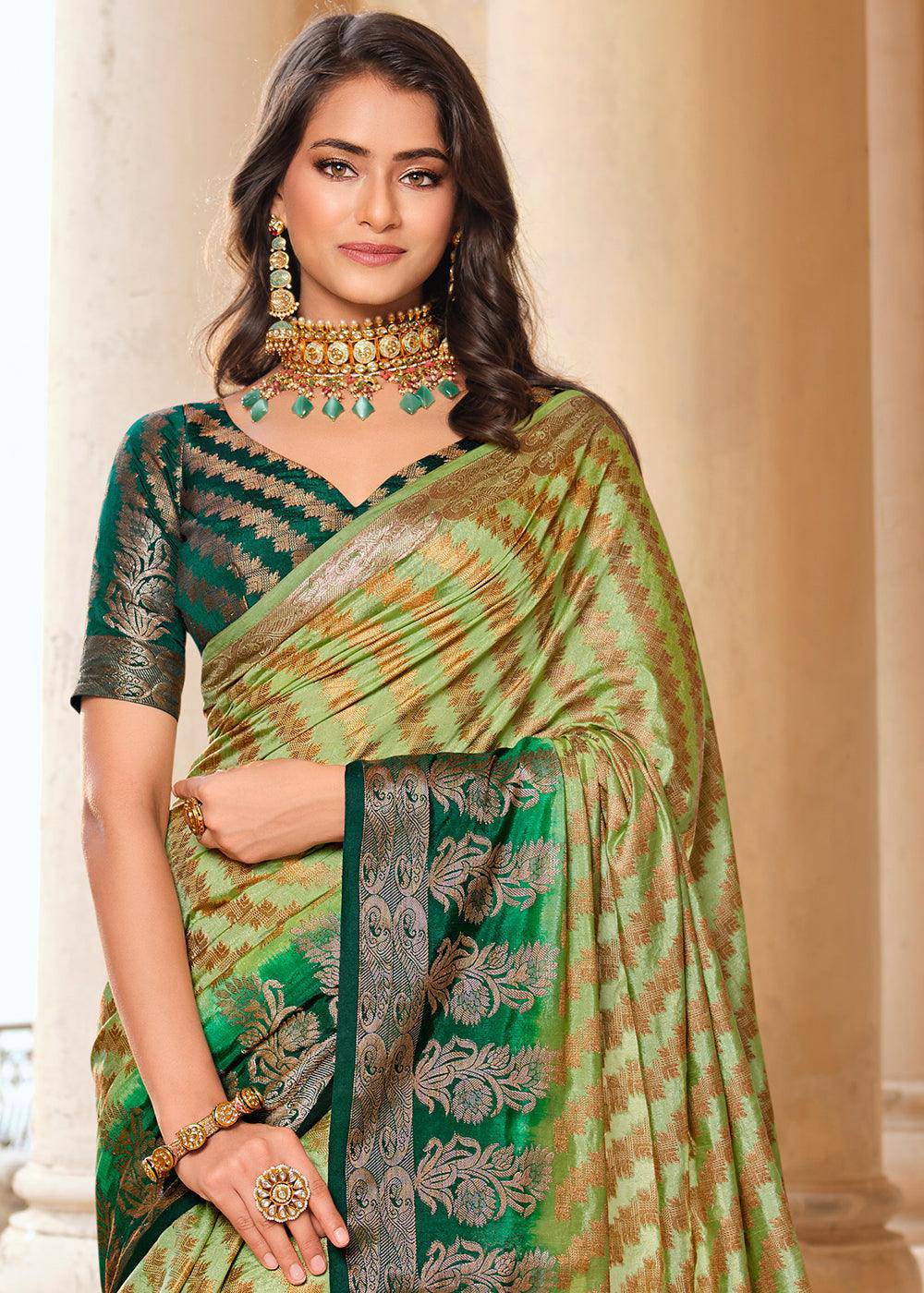 Shades Of Green Zari Butta Woven Raw Banarasi Silk Saree | Stitched Blouse - qivii