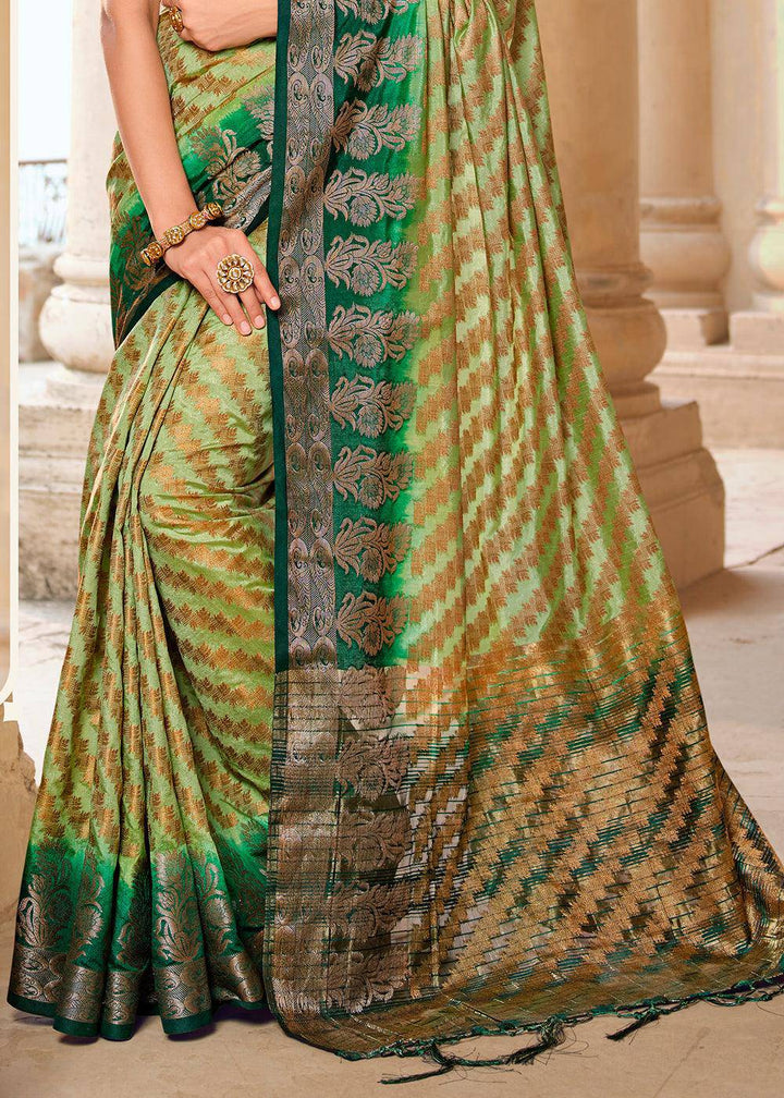 Shades Of Green Zari Butta Woven Raw Banarasi Silk Saree | Stitched Blouse - qivii