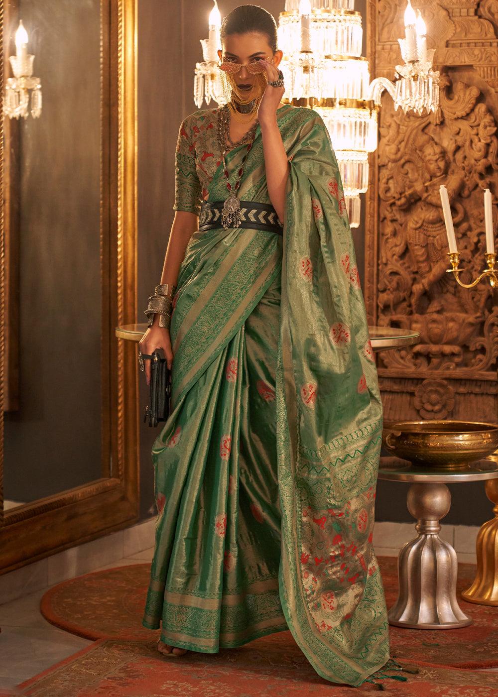 Shades Of Green Zari Handloom Woven Designer Silk Saree - qivii