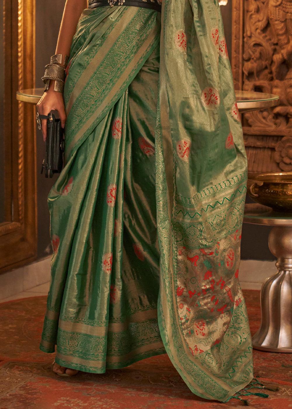 Shades Of Green Zari Handloom Woven Designer Silk Saree - qivii