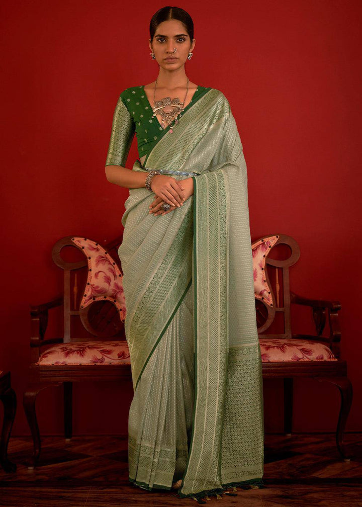 Shades Of Green Zari Woven Georgette Saree | Stitched Blouse - qivii