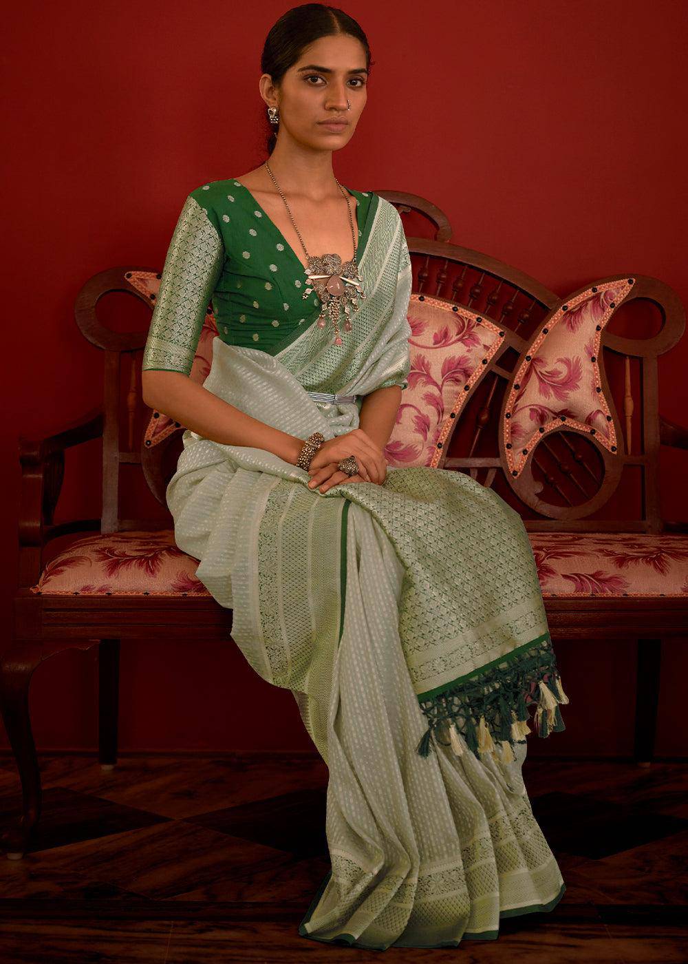 Shades Of Green Zari Woven Georgette Saree | Stitched Blouse - qivii