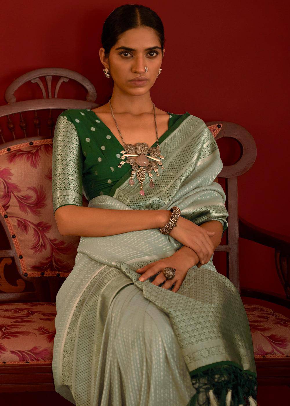 Shades Of Green Zari Woven Georgette Saree | Stitched Blouse - qivii