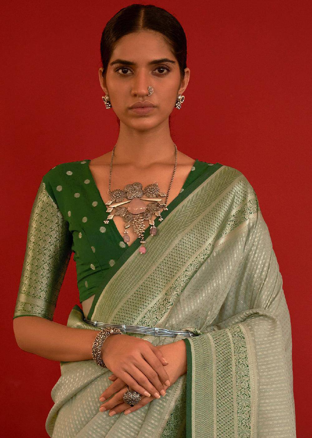 Shades Of Green Zari Woven Georgette Saree | Stitched Blouse - qivii