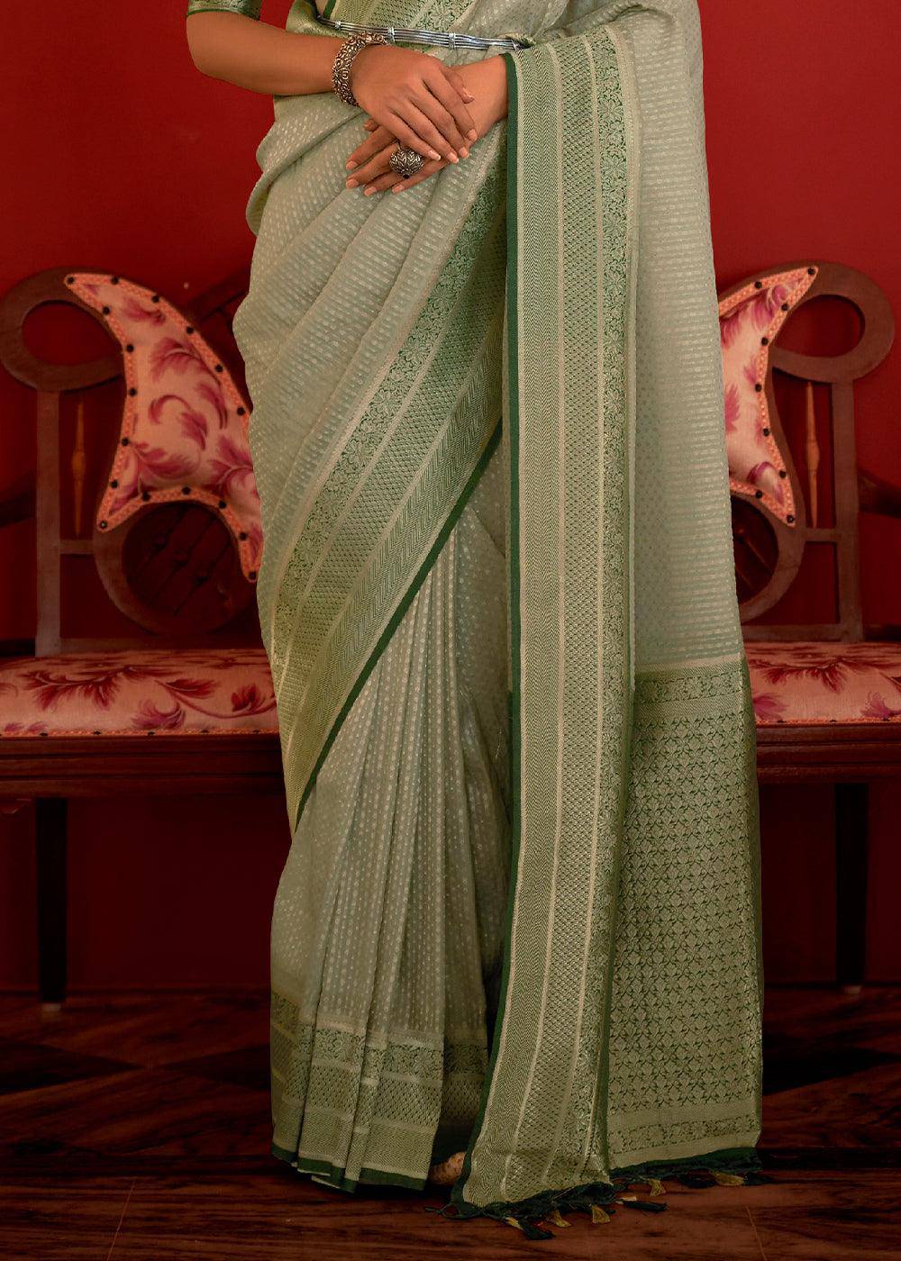 Shades Of Green Zari Woven Georgette Saree | Stitched Blouse - qivii