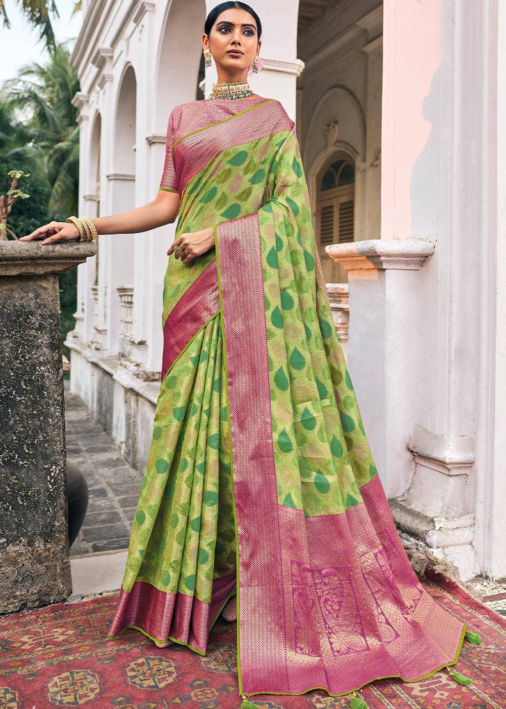 Shades Of Green Zari Woven Organza Silk Saree | Stitched Blouse - qivii