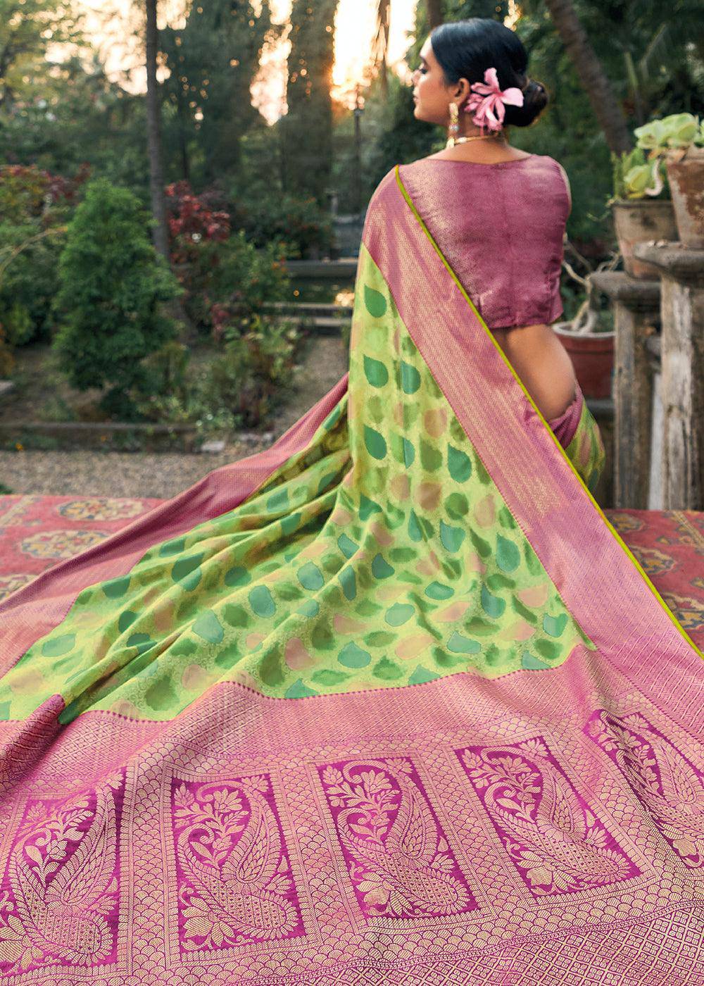 Shades Of Green Zari Woven Organza Silk Saree | Stitched Blouse - qivii