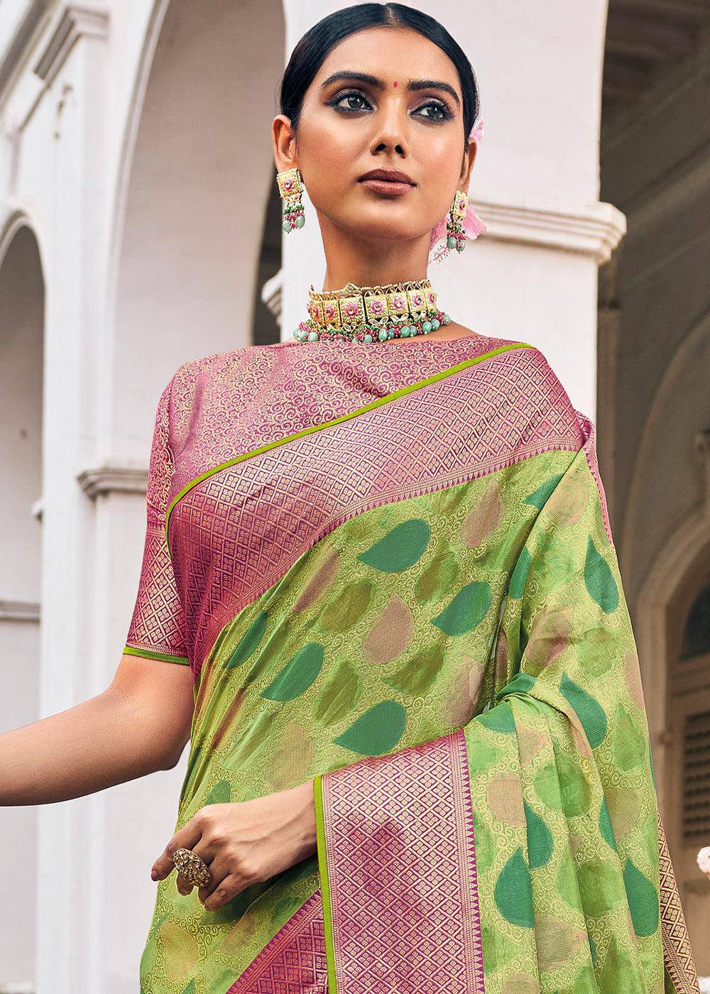 Shades Of Green Zari Woven Organza Silk Saree | Stitched Blouse - qivii