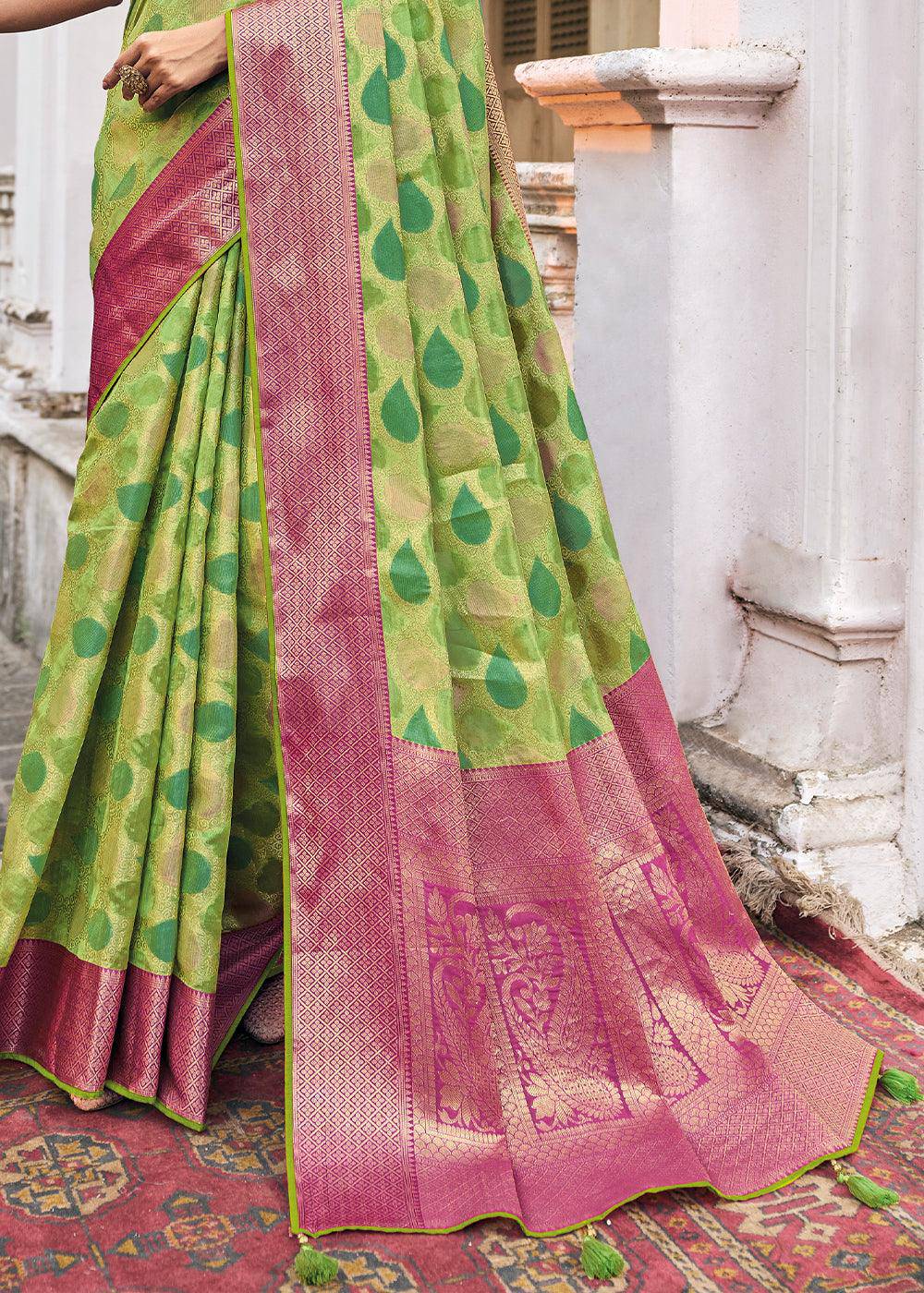 Shades Of Green Zari Woven Organza Silk Saree | Stitched Blouse - qivii