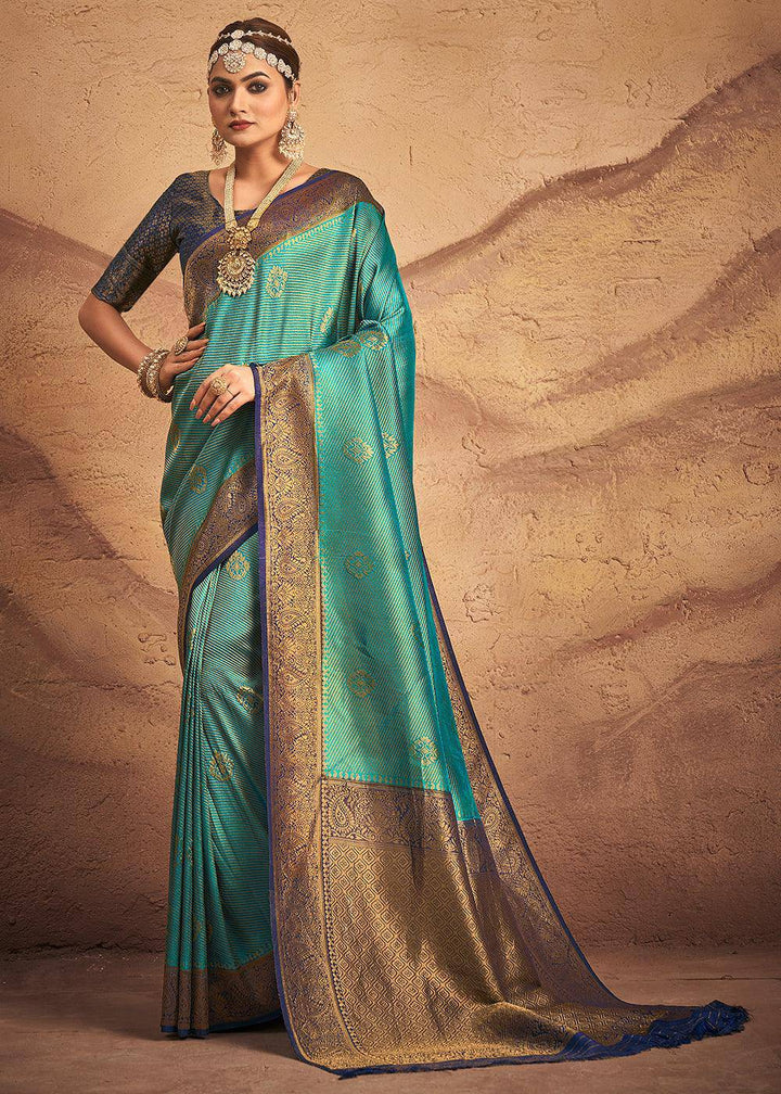 Shades Of Green Zari Woven Silk Saree | Stitched Blouse - qivii