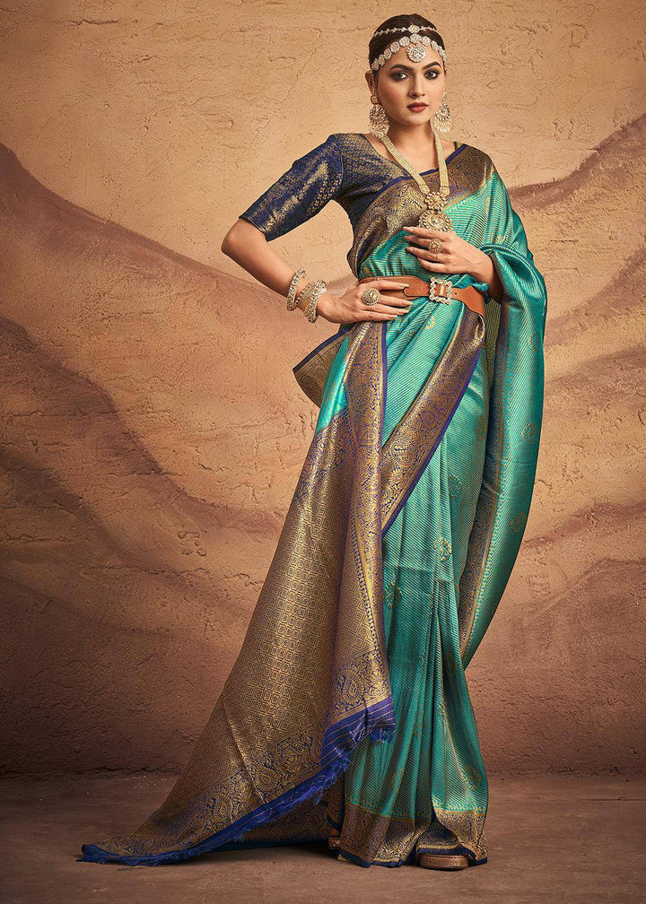 Shades Of Green Zari Woven Silk Saree | Stitched Blouse - qivii