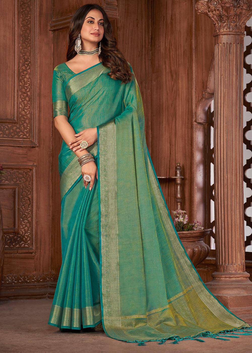 Shades Of Green Zari Woven Tussar Silk Saree | Stitched Blouse - qivii