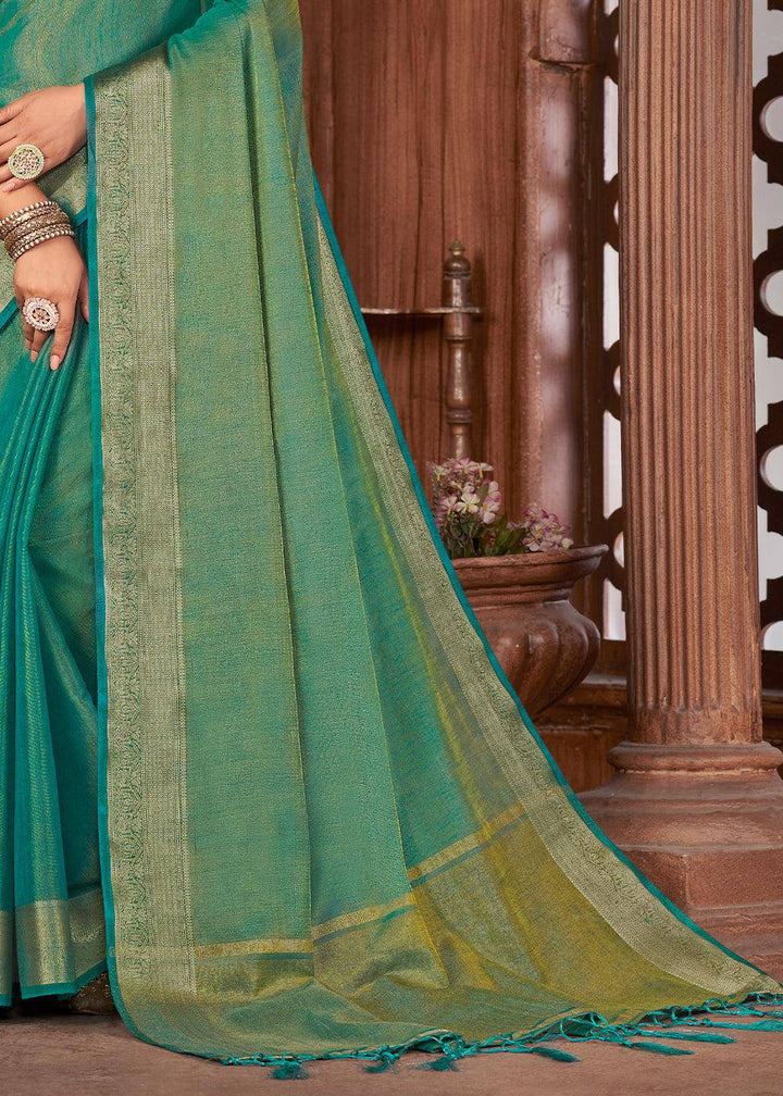 Shades Of Green Zari Woven Tussar Silk Saree | Stitched Blouse - qivii