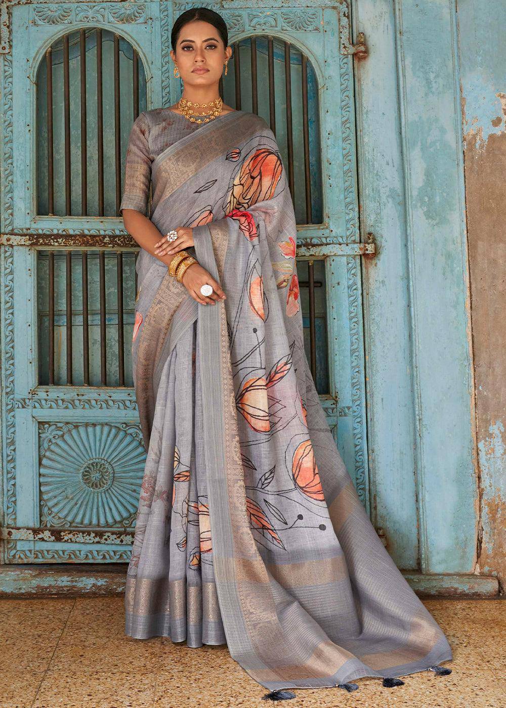 Shades Of Grey Floral Printed linen Saree with Zari Border | Stitched Blouse - qivii