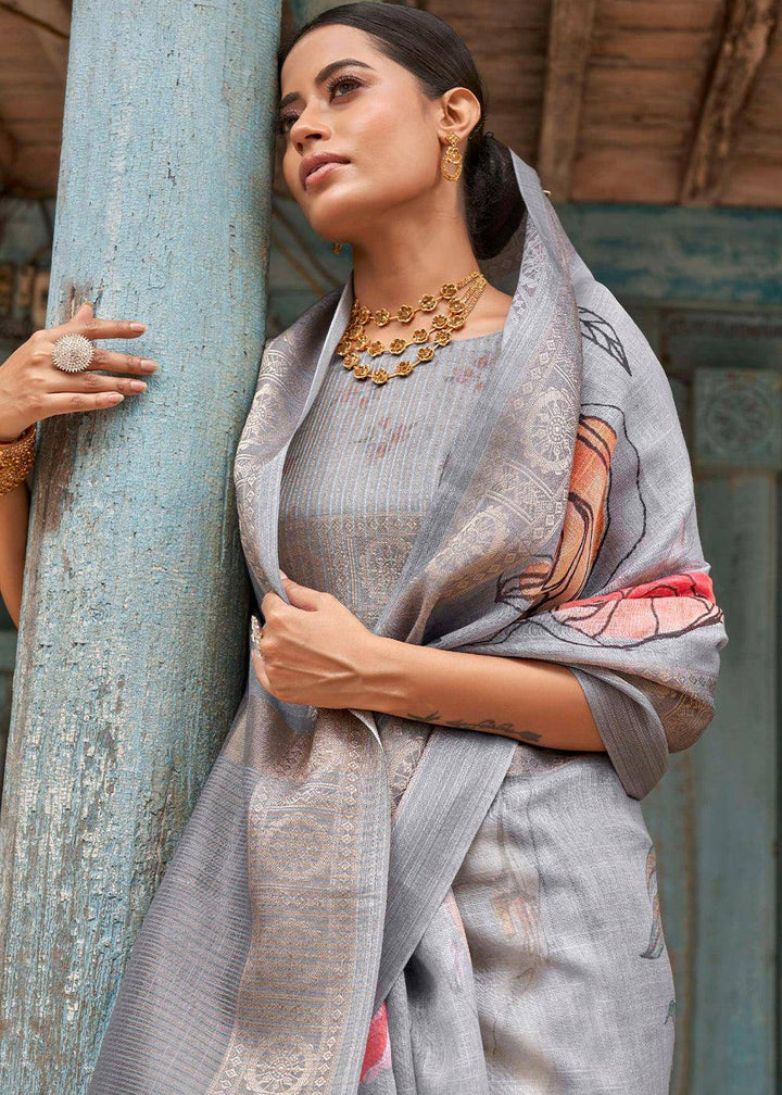 Shades Of Grey Floral Printed linen Saree with Zari Border | Stitched Blouse - qivii