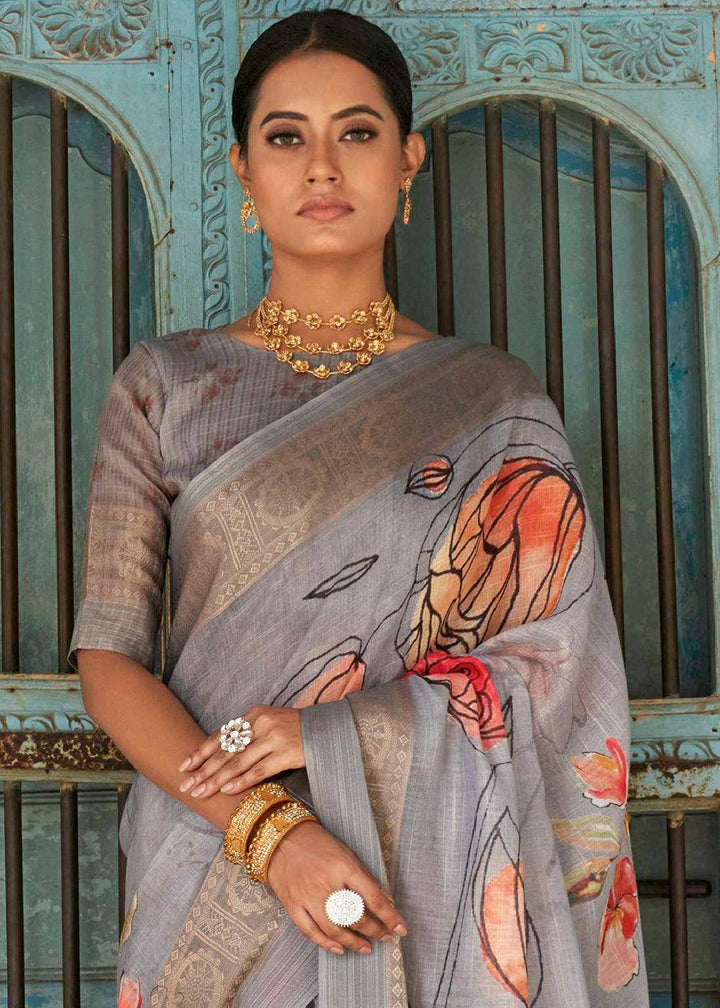 Shades Of Grey Floral Printed linen Saree with Zari Border | Stitched Blouse - qivii