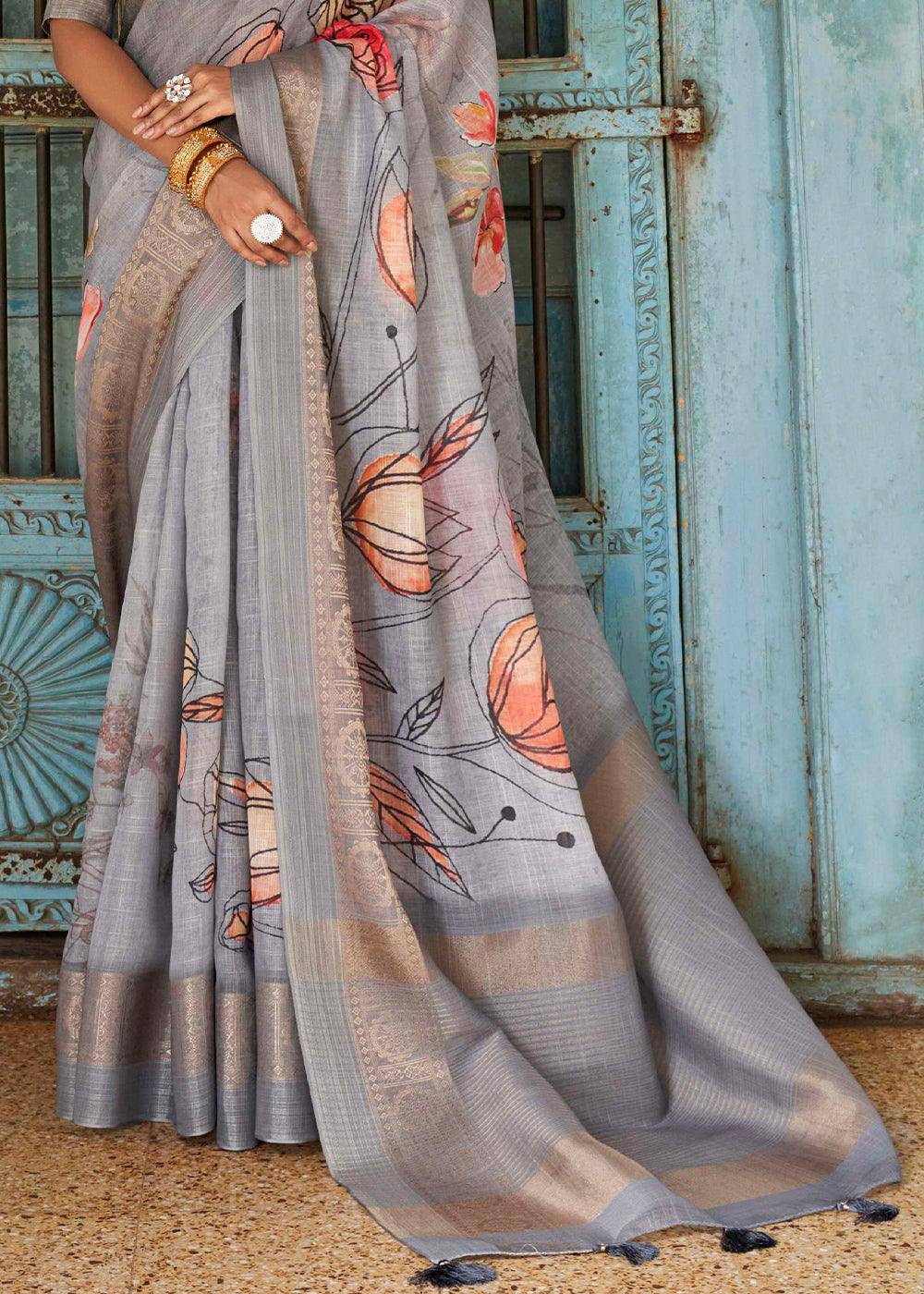 Shades Of Grey Floral Printed linen Saree with Zari Border | Stitched Blouse - qivii