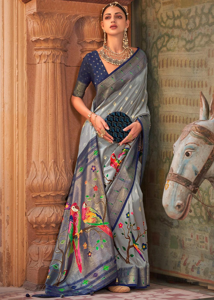 Shades Of Grey Paithani Silk Saree - qivii