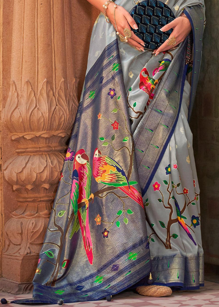 Shades Of Grey Paithani Silk Saree - qivii