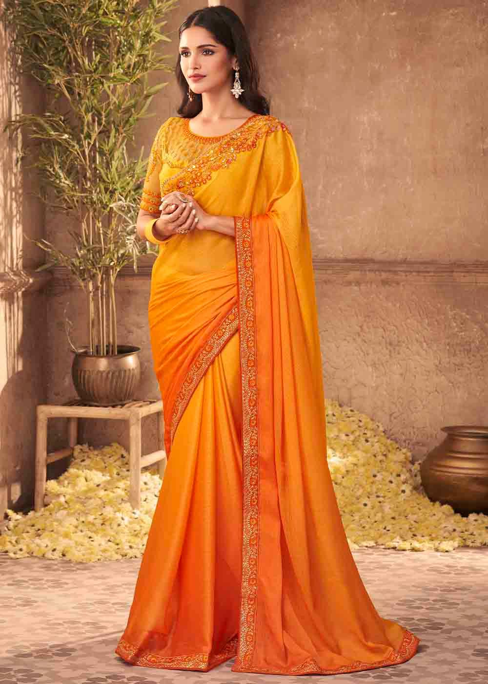 Shades Of Orange Designer Embroidered Satin Silk Saree with Sequence work | Stitched Blouse - qivii